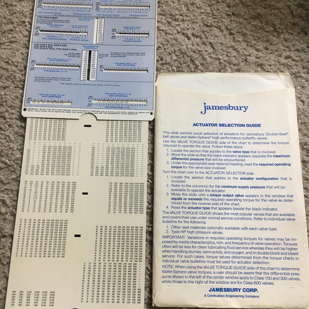 Jamesbury Actuator Selector Valve Torque Guide Slide Rule