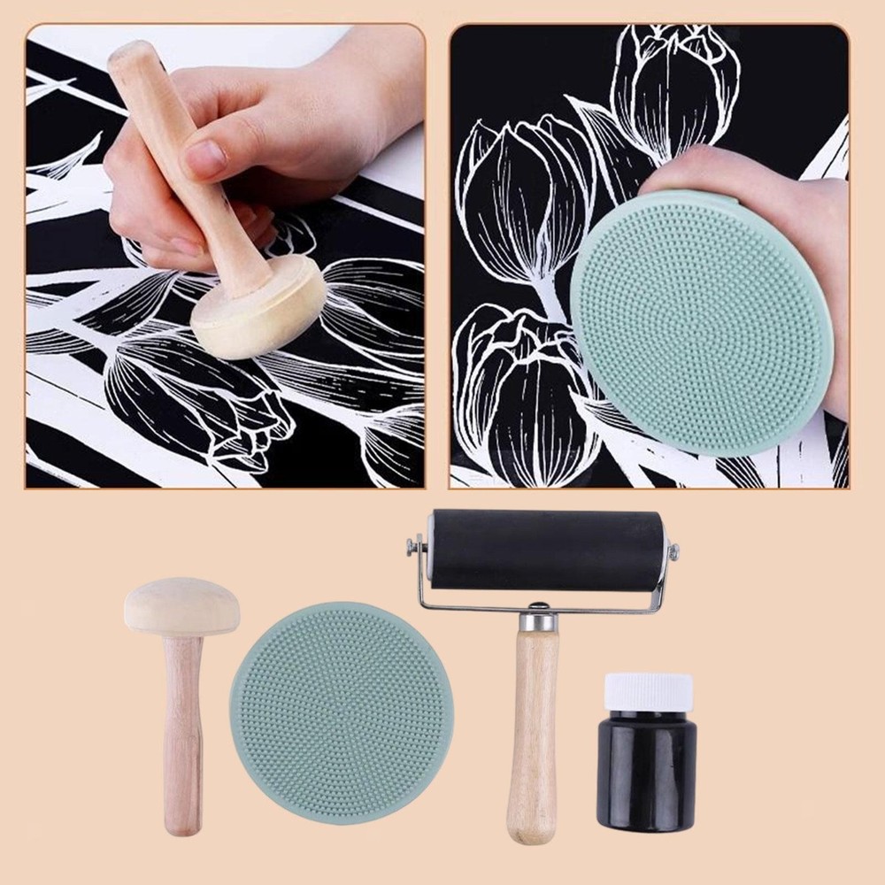 Rubber Brayer Roller Printmaking Tools Handheld Includes Wooden Mushroom Art
