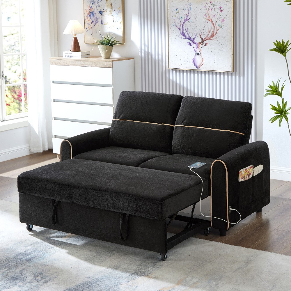 Chenille Sofa Bed Pull Out Sleeper w/ USB Charging, 3-Position Backrest Black
