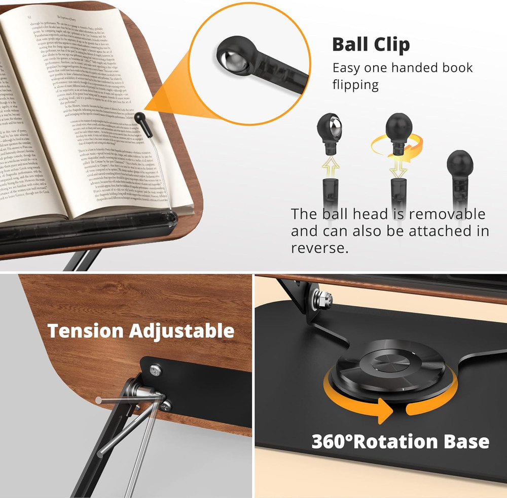 Book Stand for Reading, Adjustable Book Holder with 360° Rotating Bases, Foldabl