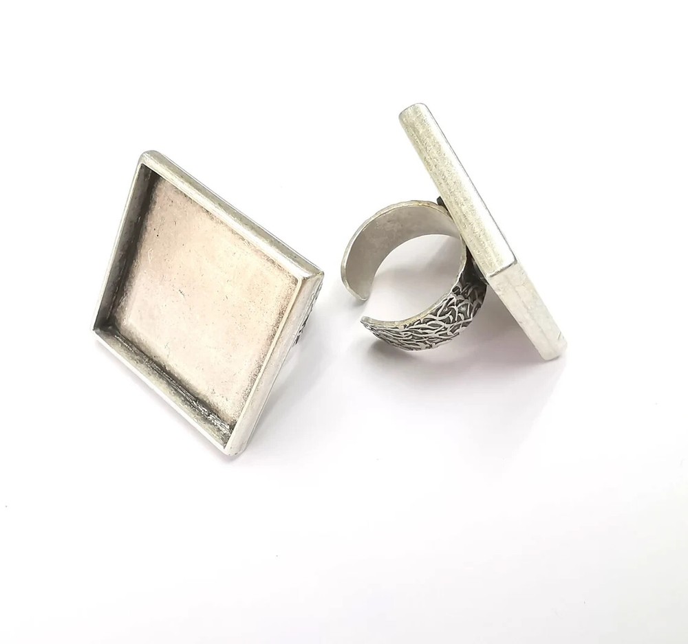 Square Antique Silver Ring Blank Settings, Cabochon Mounting Adjustable Resin