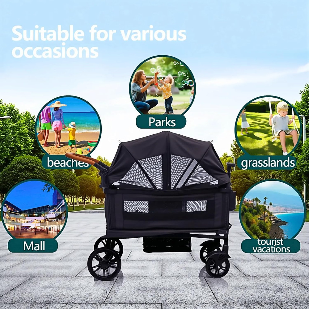 Luxury Wagon Stroller for 2 Kids & Cargo-Lightweight Foldable Travel Push Pull A