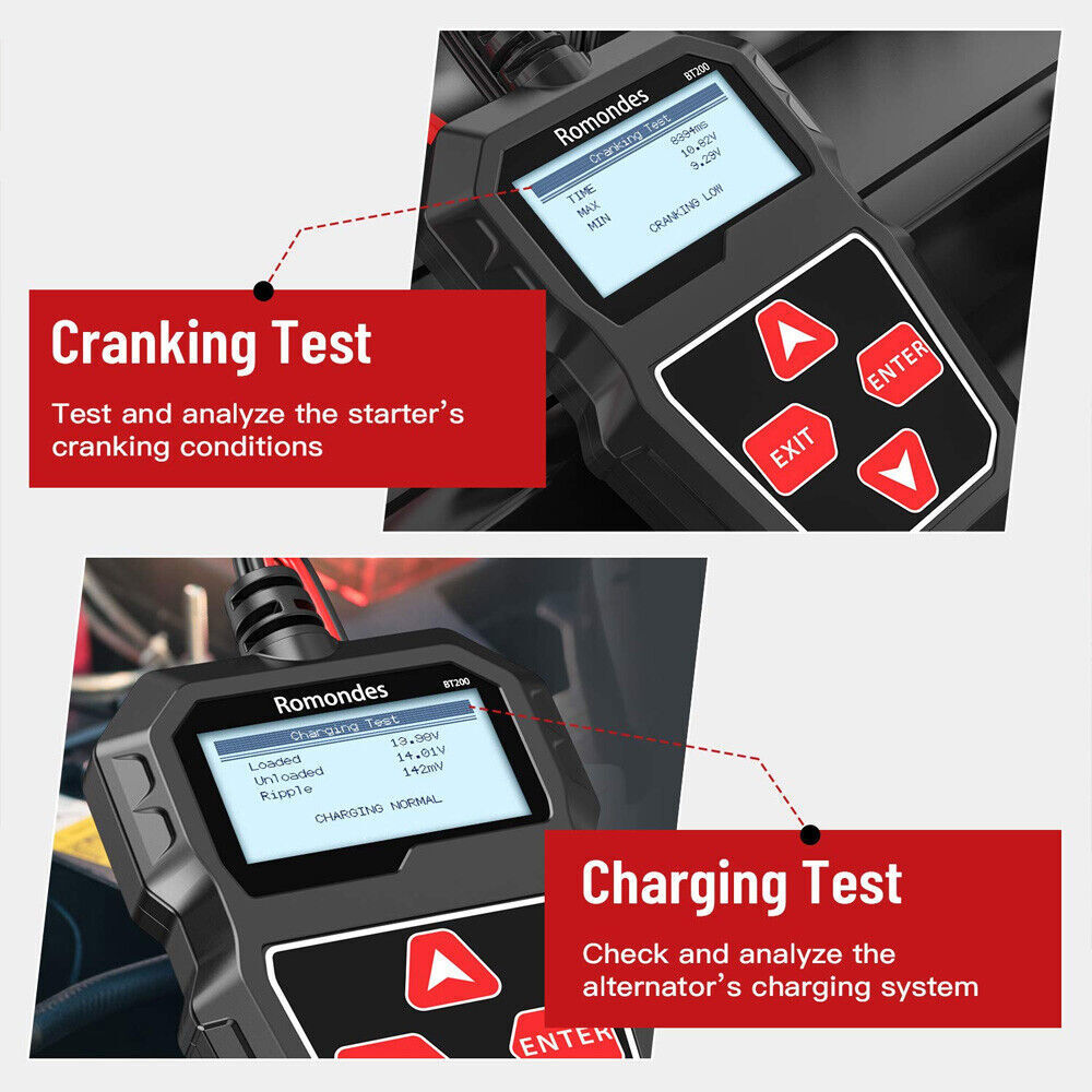 Romondes BT200 12V Car Battery Load Tester Vehicle Cranking Charging Analyzer