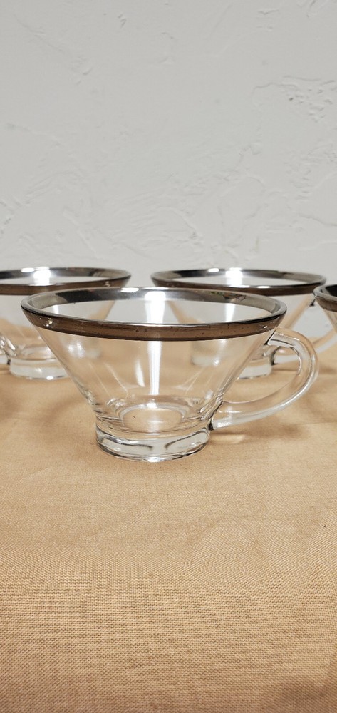 5 Vintage Clear Coffee cups with silver Rim
