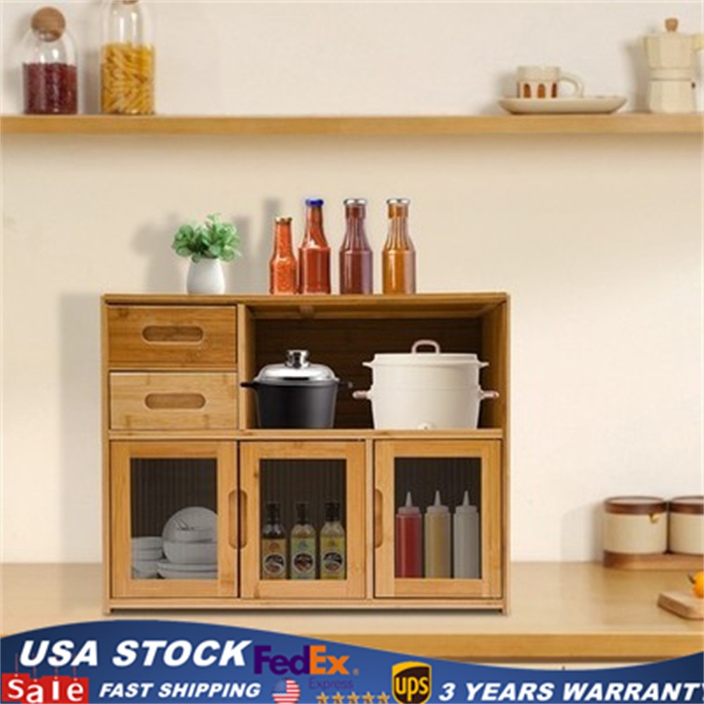 Kitchen Pantry Sideboard Bamboo Storage Cabinet Buffet Pantry with Doors &Drawer