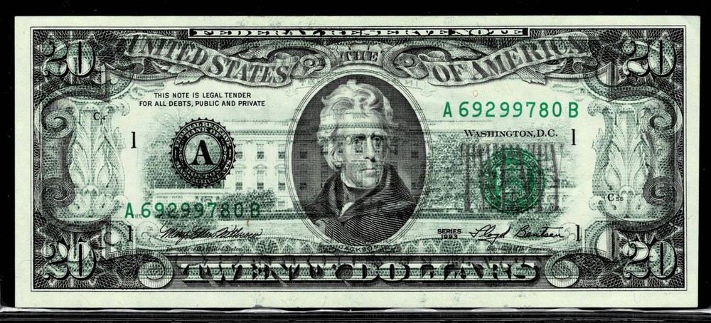 1993 $20 FR NOTE Strong Offset Printing Error Back To Front UNCIRCULATED