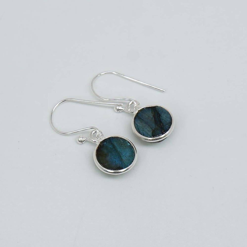 925 Solid Sterling Silver Labradorite Round Shape Hook Earring - 1.2 Inch