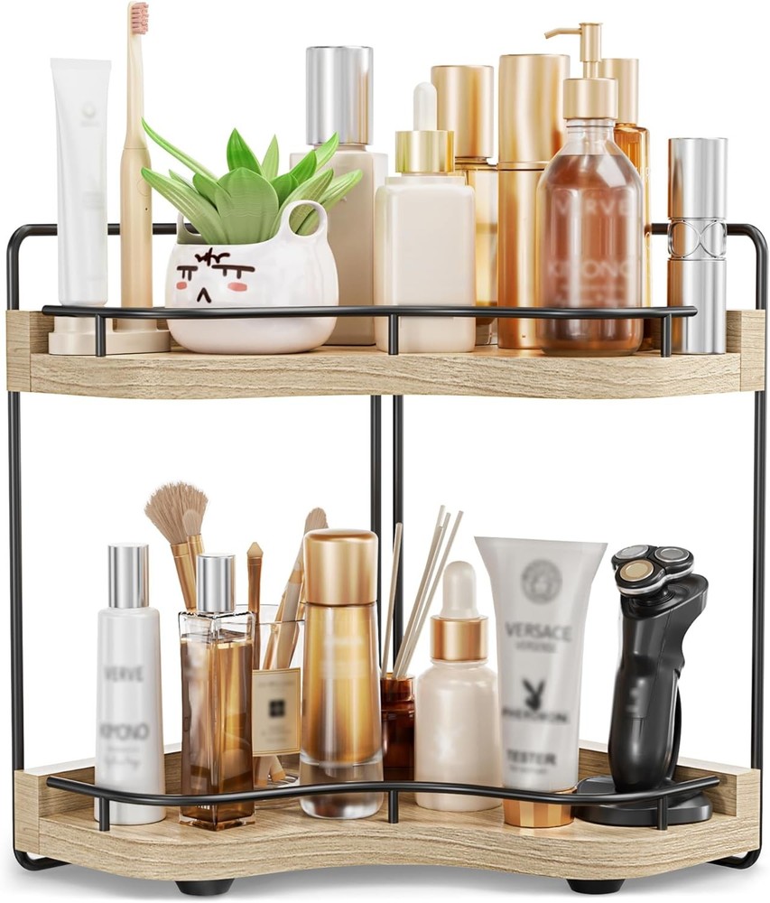 2-Tier Corner Bathroom Counter Organizer W/ Embedded Screw Holes Secure & Stable