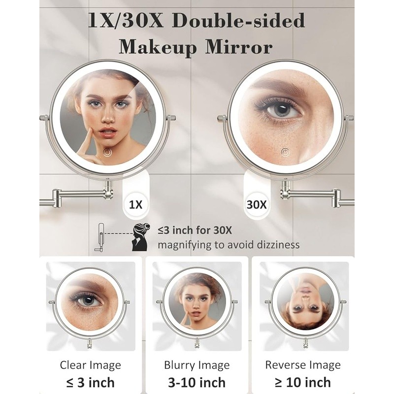 30X Magnifying Lighted Makeup Mirror Adjustable Height Cordless Metal Wall Mount