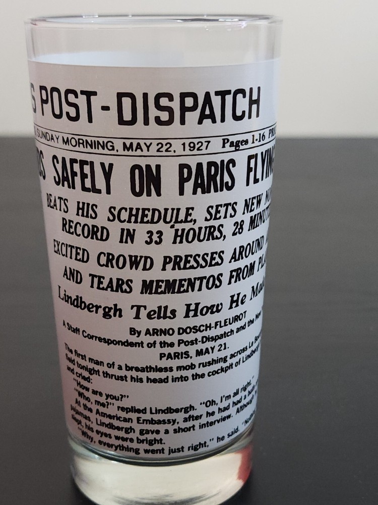 Charles Lindbergh Flight ACL DRINKING GLASS Newspaper Headline POST DISPATCH