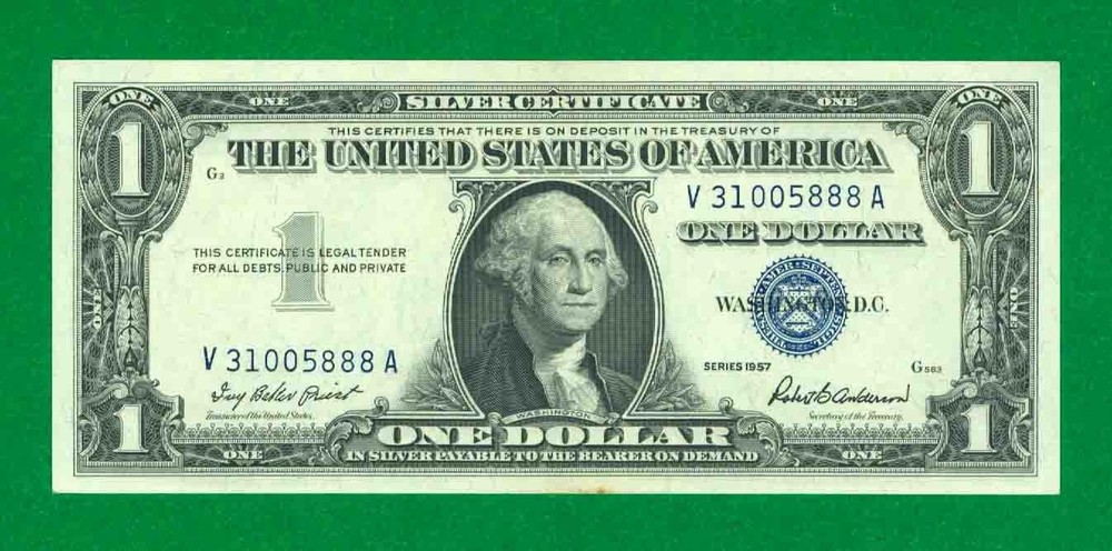 $1 1957 1 V/A BLOCK BLUE SEAL SILVER CERTIFICATE CU.