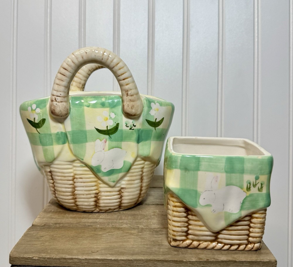 Vintage Easter Bunny Spring 3D Basket & Box WCL Ceramic Set Cottagecore Tabletop
