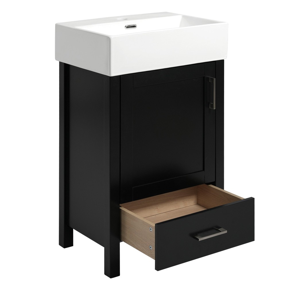 Black Modern Bathroom Vanity with Ceramic Sink, Solid Wood Frame，Storage Drawer