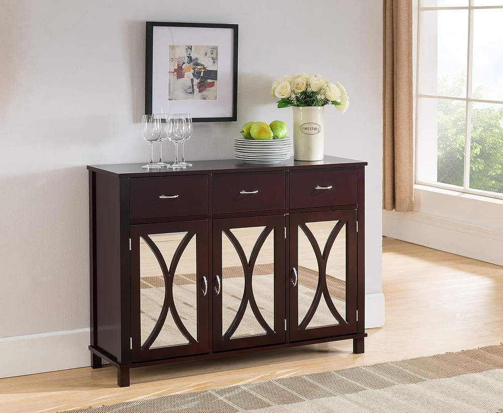 Espresso Wood Sideboard Buffet Cabinet with Mirrored Doors by