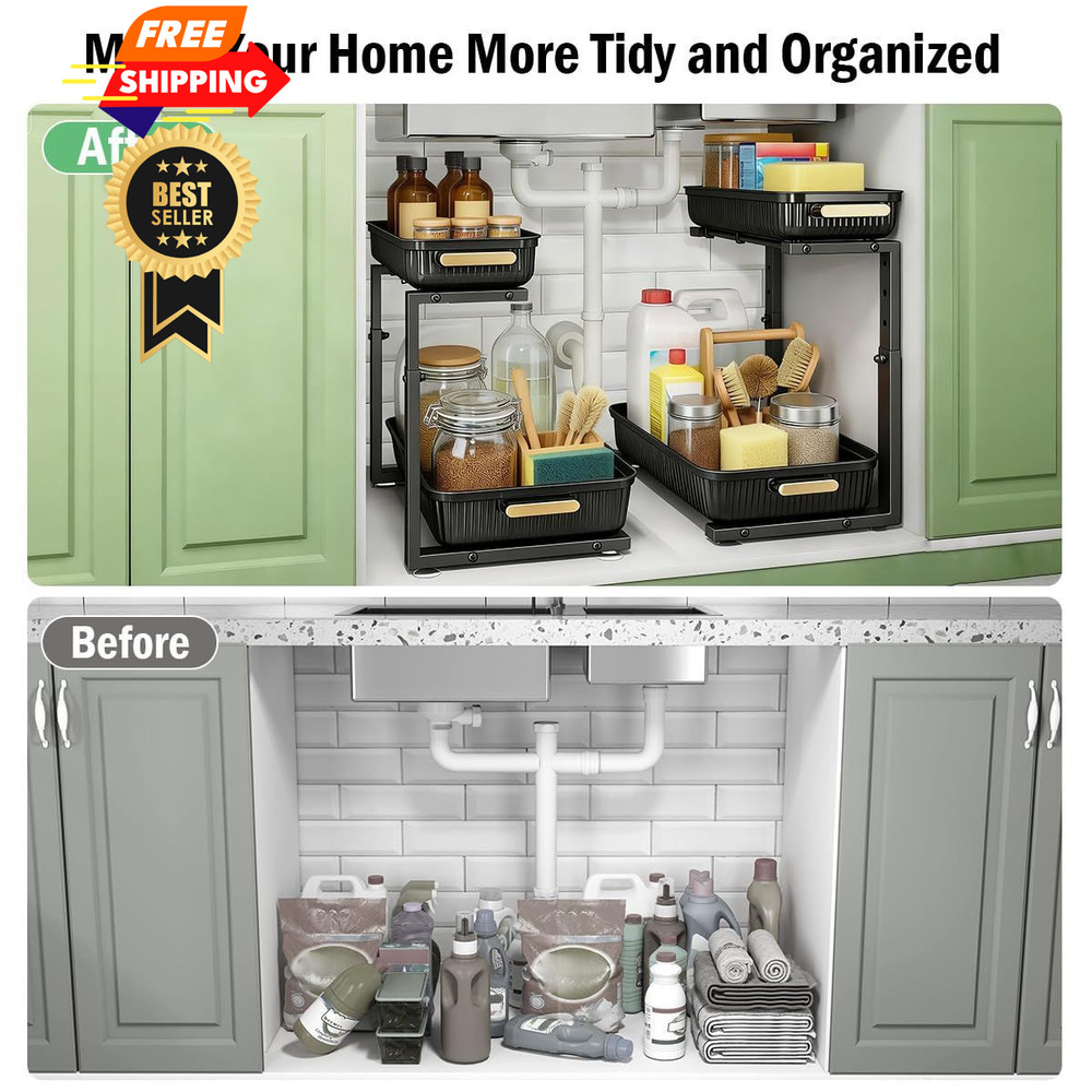 ARSTPEOE Under Sink Organizer - 2 Packs Multi-Purpose Pull-Out 2 Pack, Black