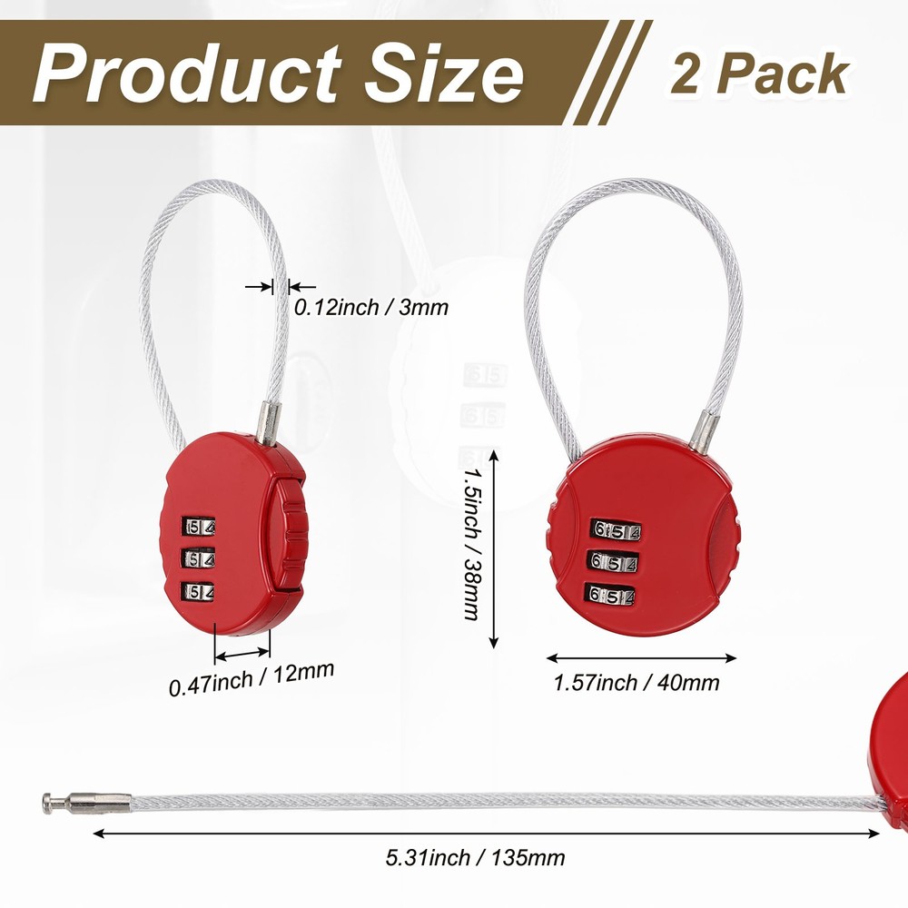 2-Pack Combination Padlock, 3 Digit Round Shaped Cable Luggage Lock [Red]