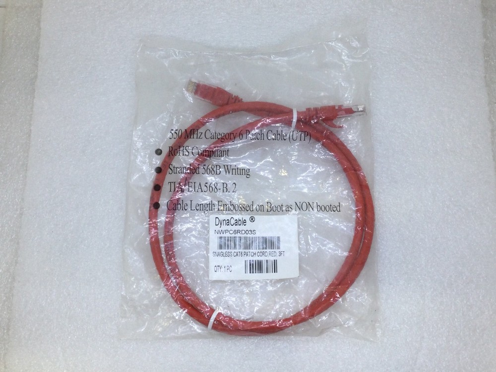 DynaCable NWPC6RD03S Snagless Non-Booted CAT6 Ethernet Cable (Red) - 3ft