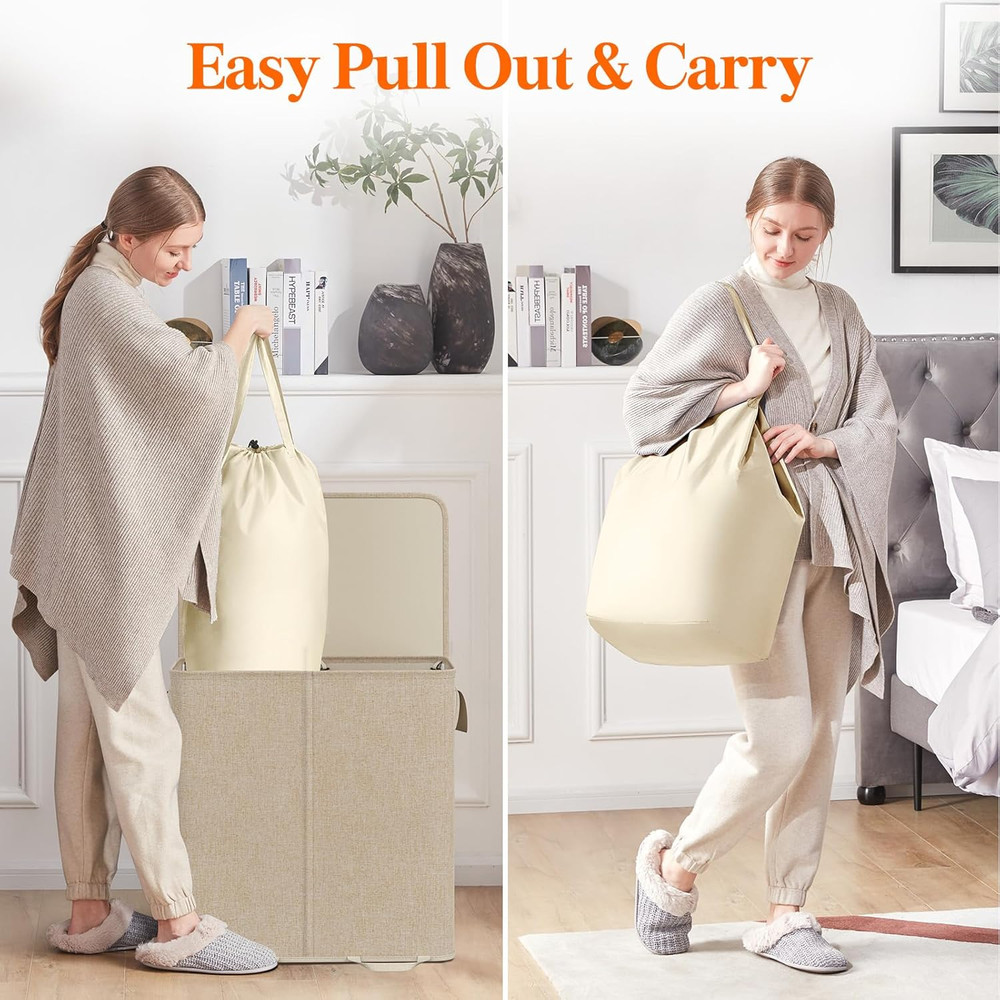 Double Laundry Hamper with Lid and Removable Laundry Bags, Large Collapsible 2 D