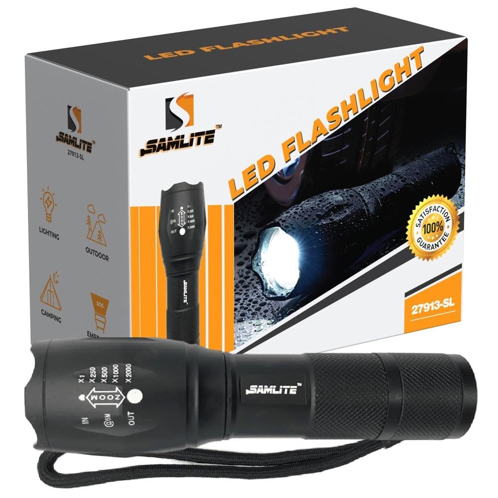 SAMLITE LED Flashlight High Powered – 1200 Lumens Bright Zoomable Black
