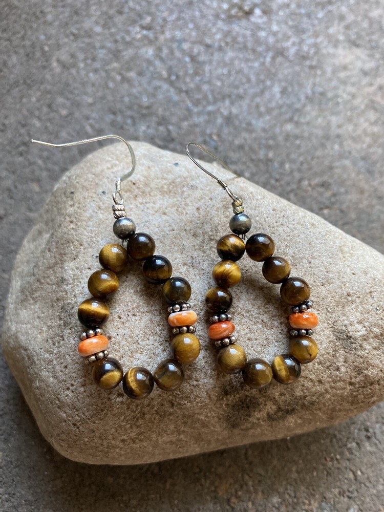 Sterling Silver Tiger’s Eye Spiny Oyster Bead Loop Earrings.