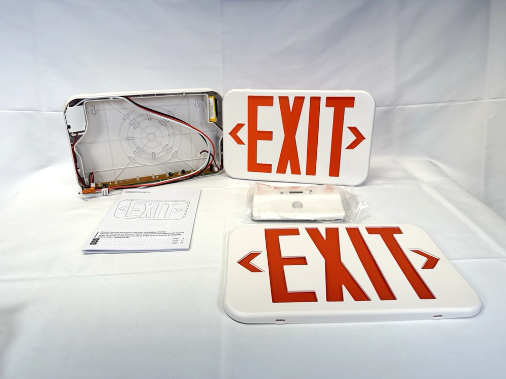 Two Amazon Commercial LED Emergency Exit Signs Battery Backup Open Boxes 2 sided