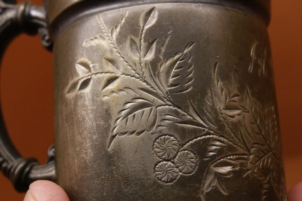 Antique James W. Tufts Silver Plate Mug, ERROR, Pattern 1358, Monogrammed