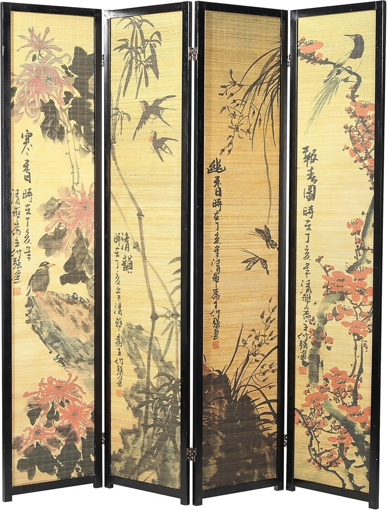 Decorative 4 Panel Folding Room Divider Bamboo Screen 6FT Black Frame