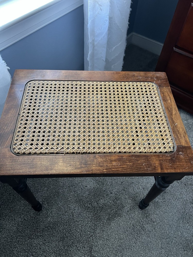 Solid Walnut Vanity Bench Piano Stool Cane Bottom Turned Legs Antique Or Vintage