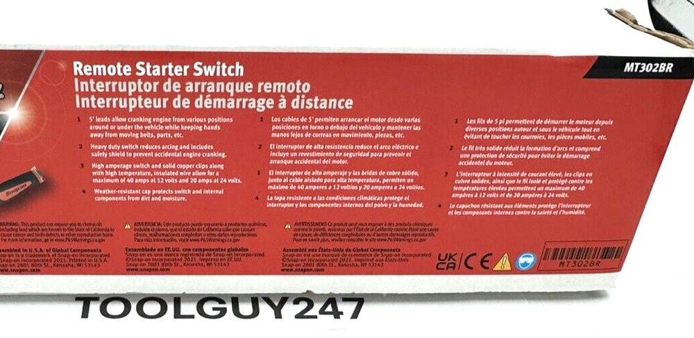 SNAP ON TOOLS USA MT302B Remote Starter Switch Push Button W/ Instruction NEW