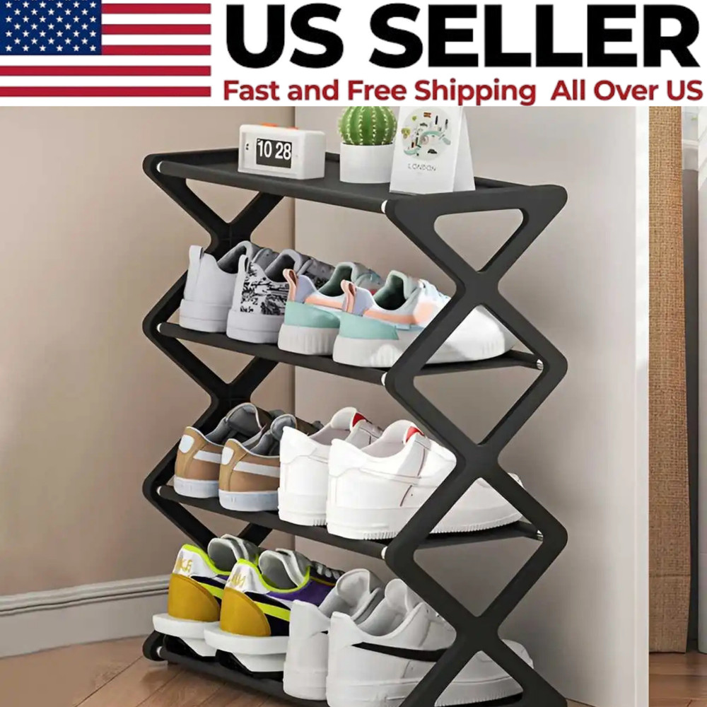 4 Tier X-Type Shoe Rack Dustproof Storage Shelf Entryway Organizer Space Saving