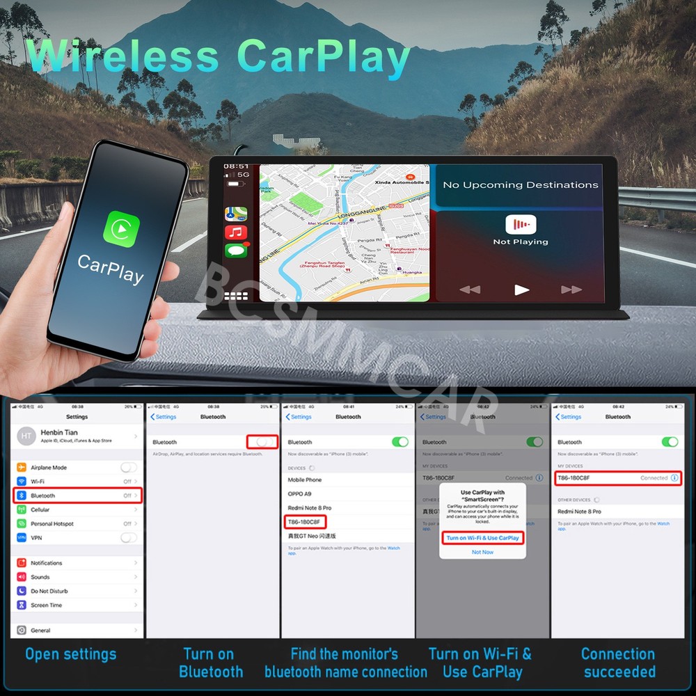 Touch Screen Car DVR Dash Cam Front Rear Cam G-sensor For Carplay Android Auto