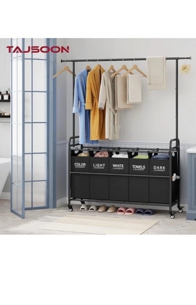 Laundry Sorter with Hanging Rack, 5 Sections Laundry Sorter with Black