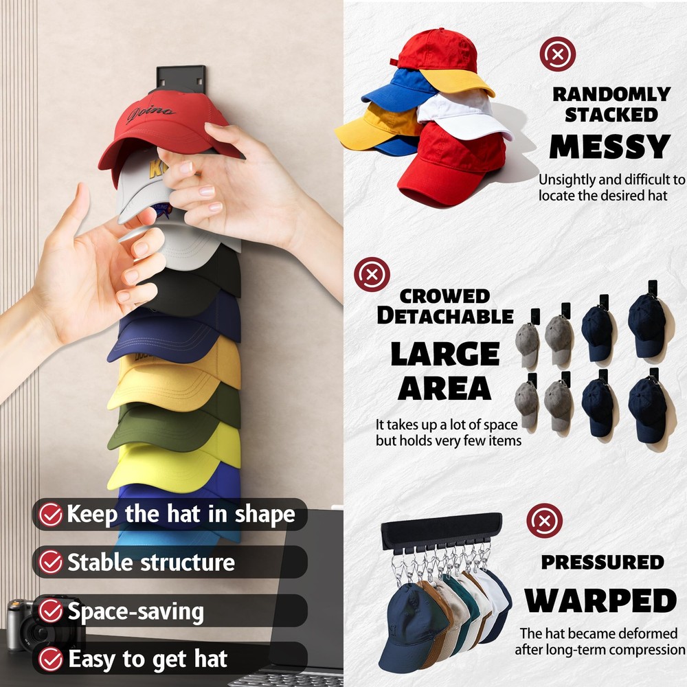 2 Pack Hat Organizer for Wall Holds 20 Baseball Caps Black