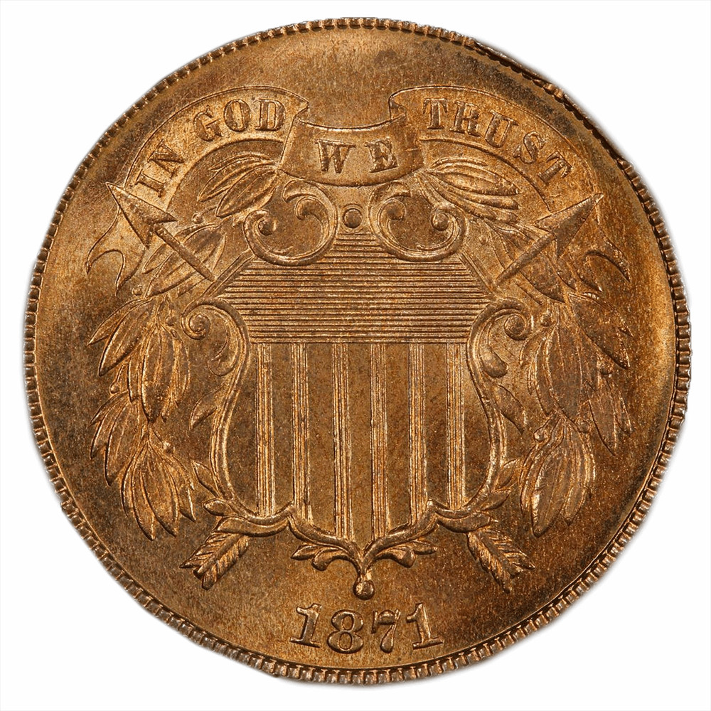 1871 Two Cent Piece 2c, PCGS MS66 RD CAC - Tied Highest CAC Approval