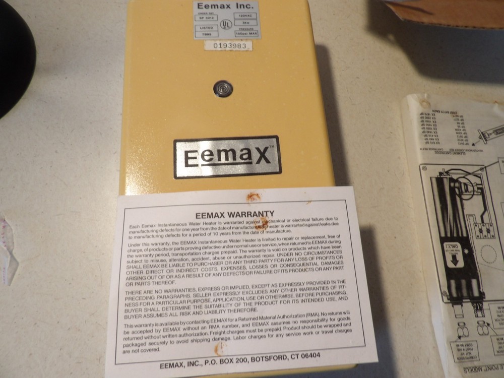 Eemax Electri Instantaneous Water Heater Single Point SP 3012 120vac 150 PSI max