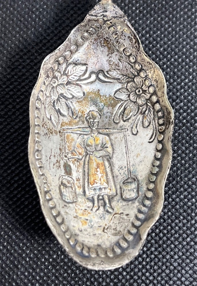Antique Dutch Silver Monkey Spoon Embossed Mourning Maid Design