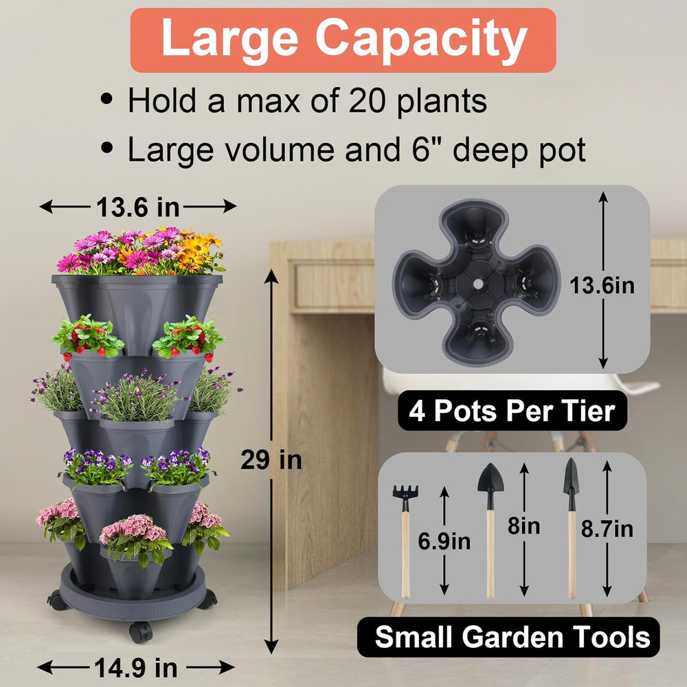 Vertical Planter Tower - 5 Tier Stackable Garden Planters with Wheels and Tools
