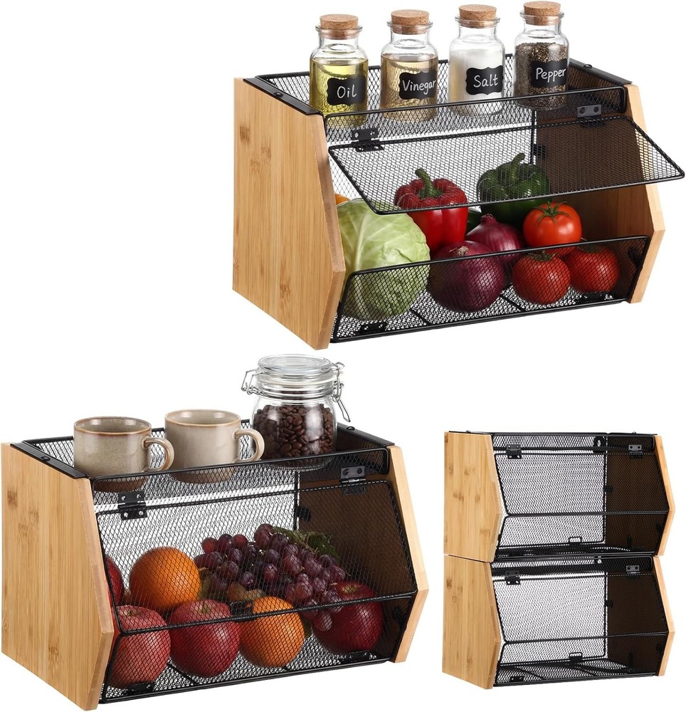 2PCS Stackable Mesh Fruit Basket Wall Mounted Storage Bin for Kitchen Bathroom
