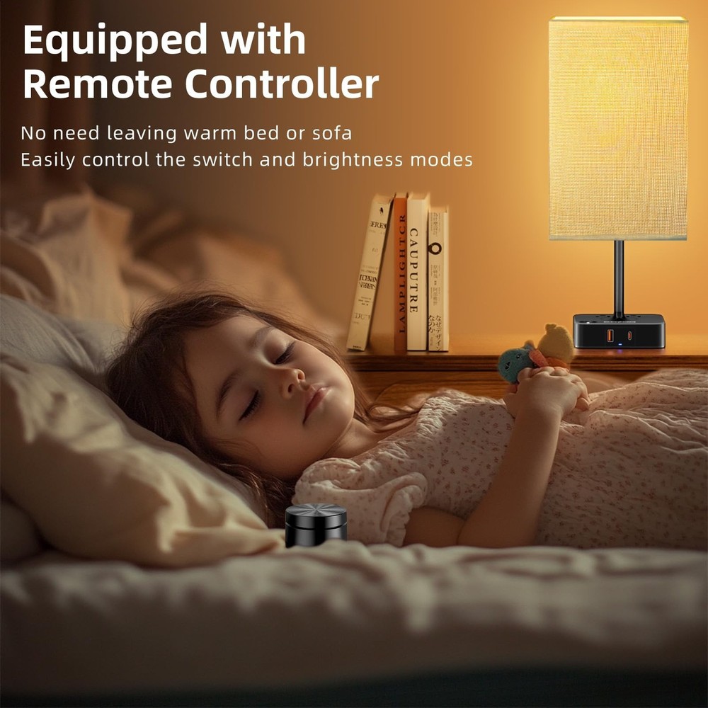 Bedside Lamp with Remote Control & Dimmable Light, 2 AC Outlets + USB-C/USB-A...