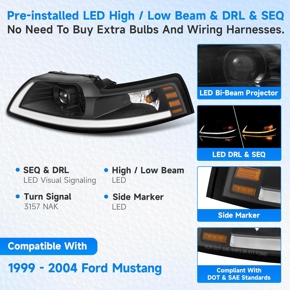 LED DRL SEQ Headlight Assembly Replacement for 1999-2004 Ford Mustang 1999 2000