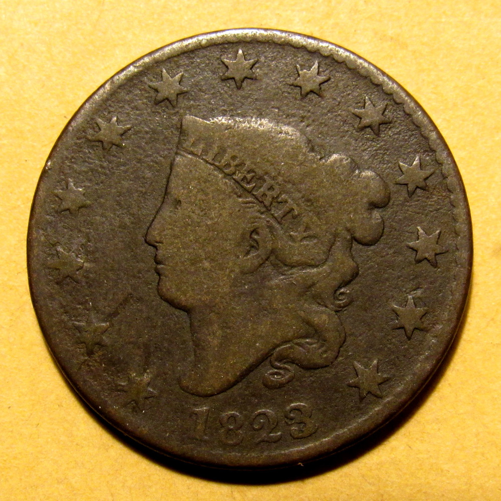 1823/2 CORONET LARGE CENT, VG ~ KEY DATE, PLEASING ISSUE-FREE ORIGINAL EXAMPLE