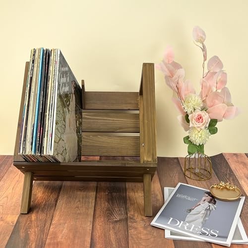 Rustic Wooden Vinyl Record Holder, 60-80 LP Record Storage Rack, Solid Wood