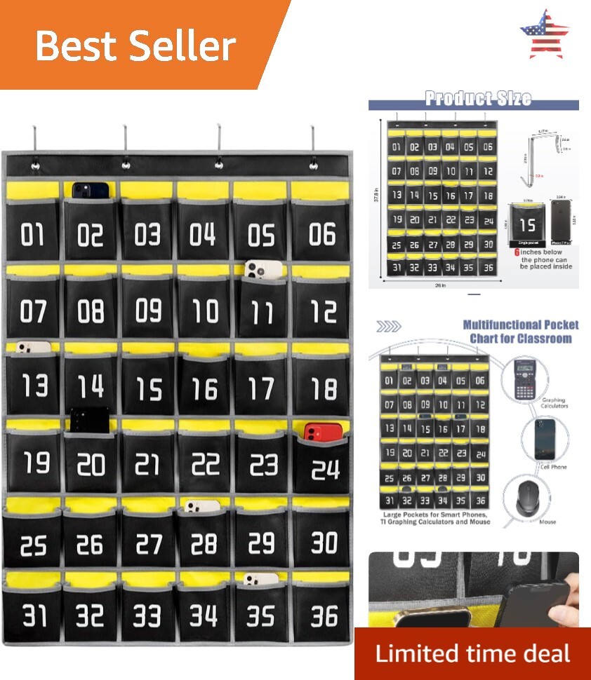 Numbered Classroom Pocket Chart - Cell Phone Holder for Students - 36 Pockets