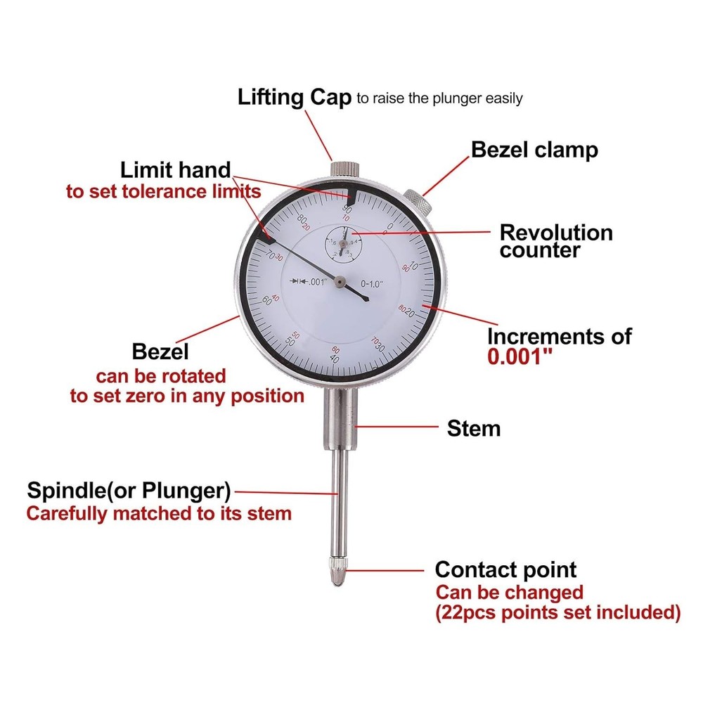 Dial Indicator with Magnetic Base Holder Fine Adjustable Long Arm 0-1" Magnet...