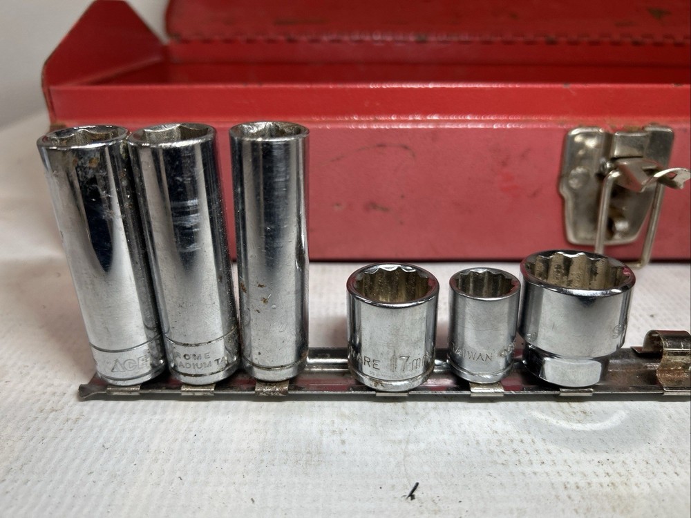 Vintage Ace Hardware Lot Tool Box And Various Socket In Good Working Condition