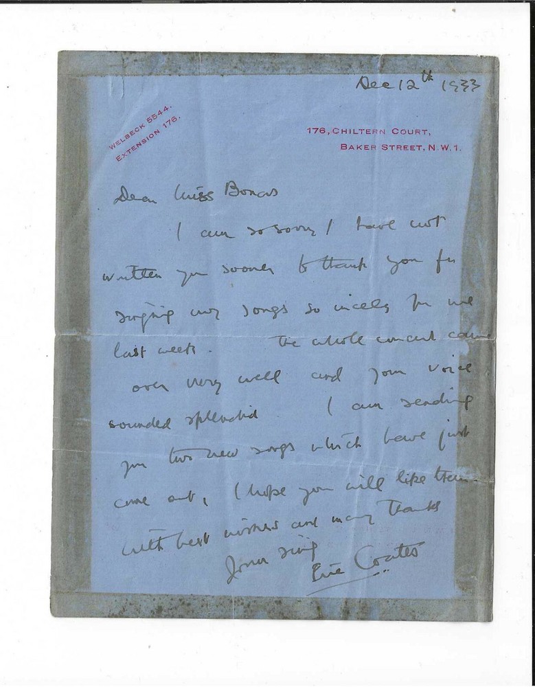 Eric Coates Signed Letter 1933 / Autographed