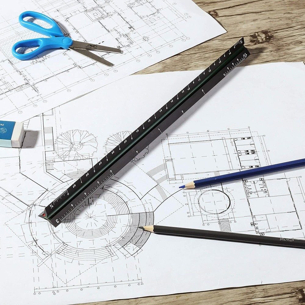 Architectural Scale Ruler 12″ Aluminum Triangular Architect Black Ruler New