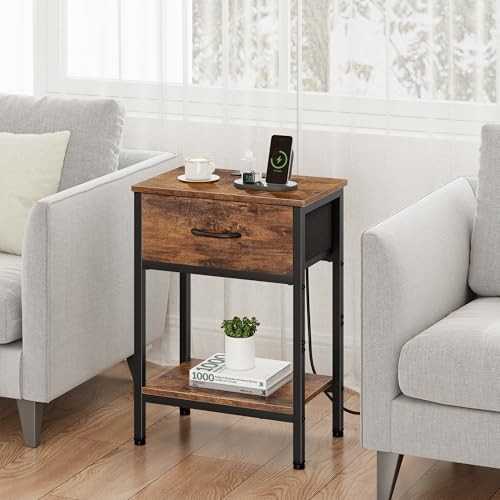 Nightstand with Charging Station, End Table with Fabric Rustic Brown (1 Pack)
