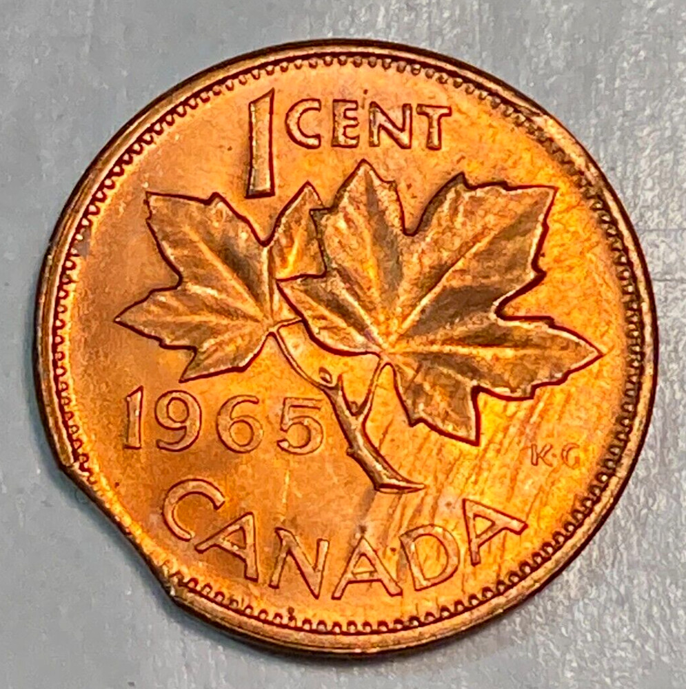 1965 Canada 1 Cent Nice Original Gem BU 5% Curved Clip Error CHRC