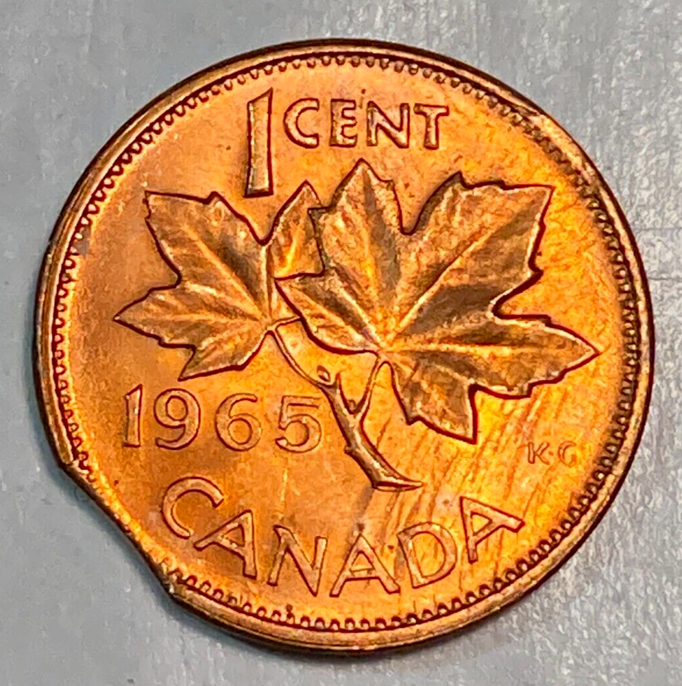 1965 Canada 1 Cent Nice Original Gem BU 5% Curved Clip Error CHRC